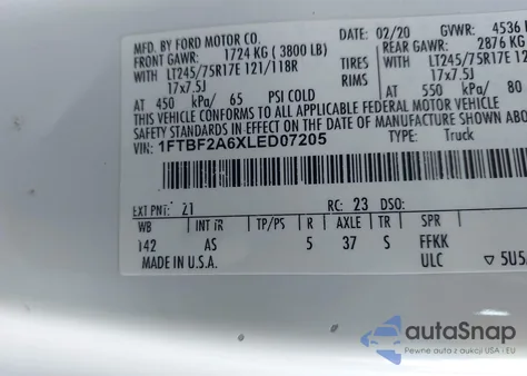 2020 Ford F-250 Xl from USA, damaged, VIN 1FTBF2A6XLED07205